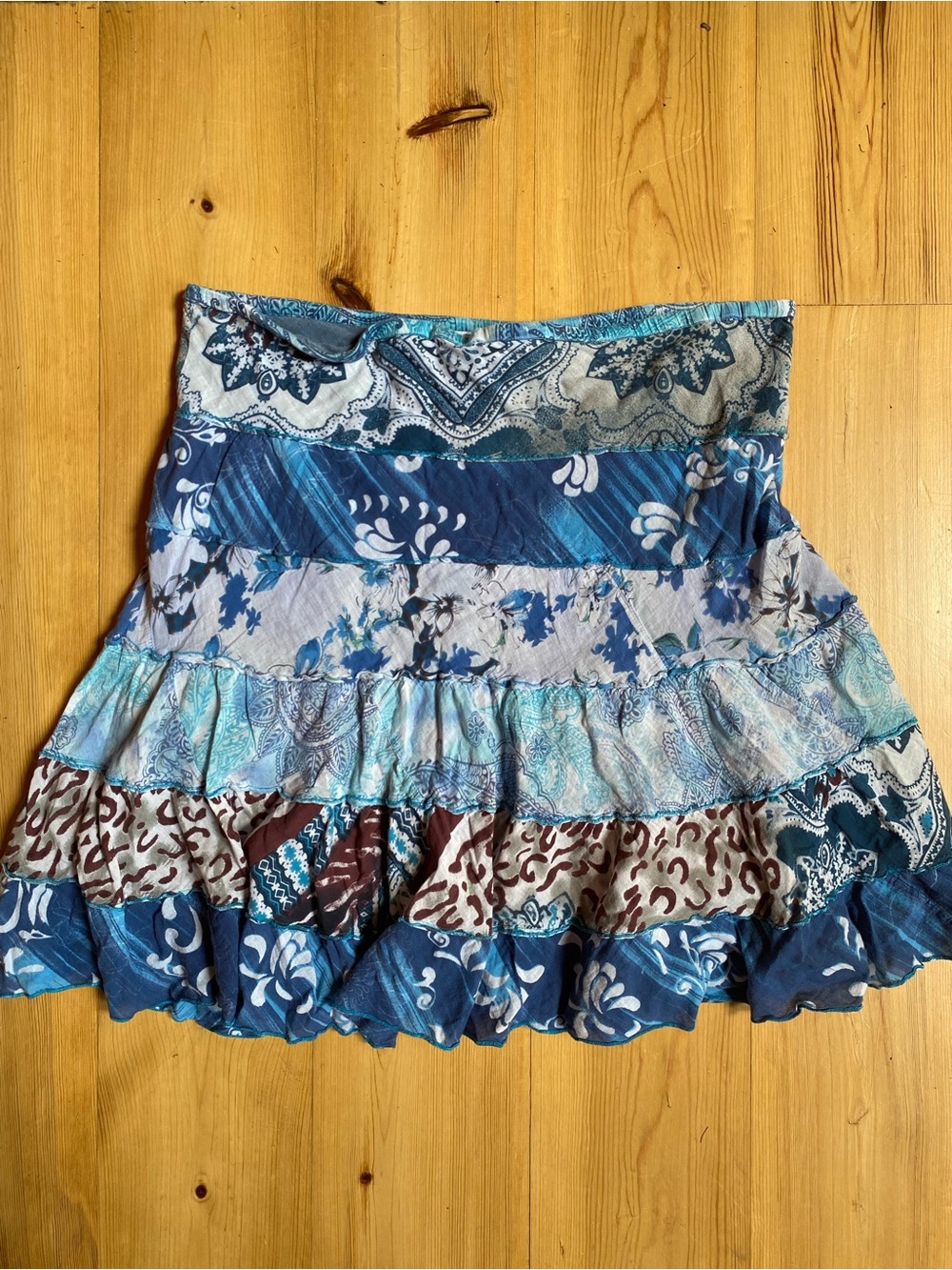 Boho Tiered Patchwork Mini Skirt Blue size Large 100% Cotton